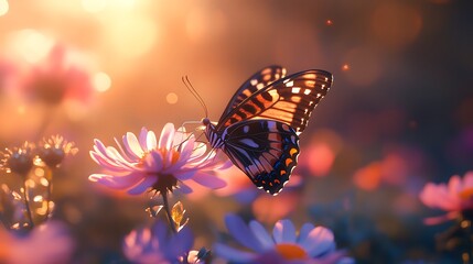 Butterfly on flowers nature photography sunset close-up beauty