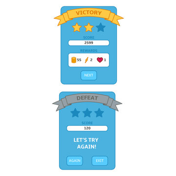 Vector Popup Windows for Mobile Game. Victory and Defeat.