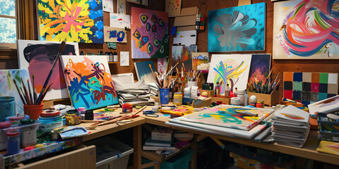 Fototapeta premium Artist's Studio Workspace with Abstract Paintings and Art Supplies