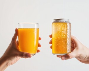 A comparative image showing two hands holding beverages side by side, one with a glass of orange juice and the other with a cold soda can, highlighting drink choices and contrasts.
