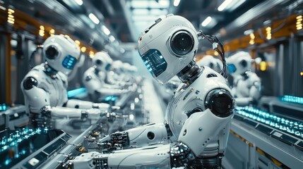 Fototapeta premium Futuristic production line with automatic robots and robotic arms for assembly in smart factories using iot for machine control