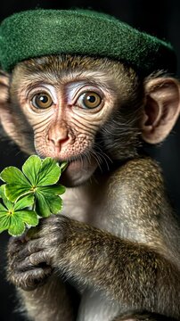 Cute monkey holding a four-leaf clover wearing a green hat in a playful pose