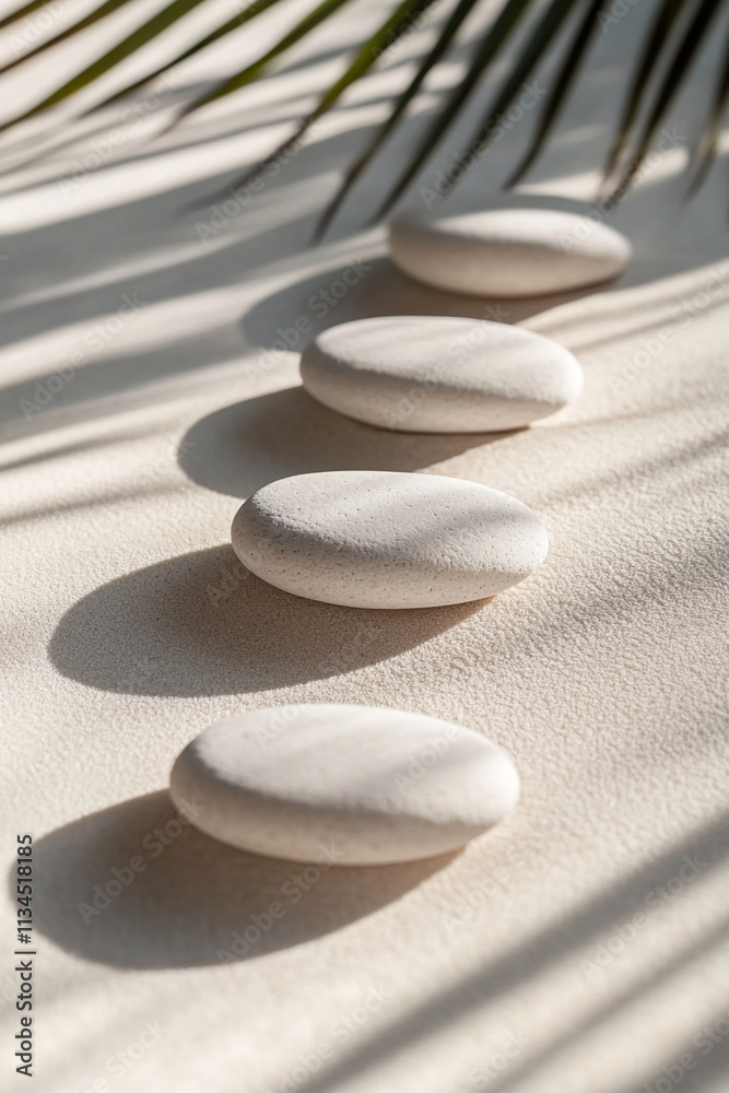 Poster serenity created by smooth white stones lined up under natural sunlight with soft shadows