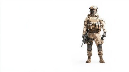 Military Soldier in Tactical Gear Stands Confidently with Firearm Against White Background for Action and Defense Themes