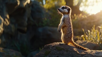 Fototapeta premium Meerkat standing on rock at sunset, looking upward.