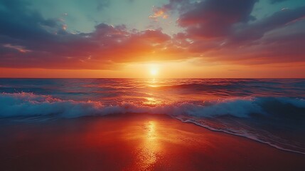 Obraz premium Serene sunset over ocean waves beach nature scene tranquil view