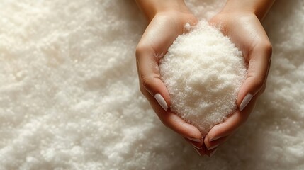 A pair of hands cradling a mound of white salt against a background of salt grains.