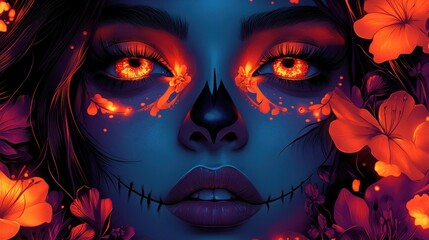 Fototapeta premium A vibrant, artistic portrayal of a skull-themed woman surrounded by colorful flowers.