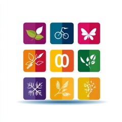 Colorful Grid of Nature-Themed Icons for Symbolizing Environmental Awareness, Eco-Friendly Lifestyle, and Sustainable Practices in Modern Design