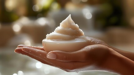 A hand holds a creamy substance, possibly a moisturizer or lotion, against a soft background.