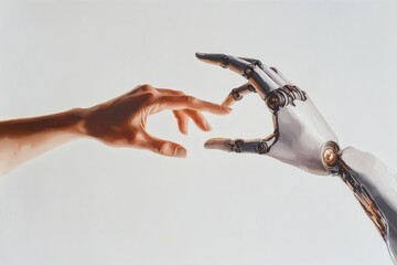 A symbolic oil painting showing a hand reaching towards a sleek AI robot's hand, poised in a moment of connection. The white background and soft natural lighting accentuate the delicate interaction 