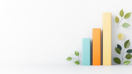 Colorful bar graph with plants on a minimalistic background representing growth and progress in business, finance, and ecological themes