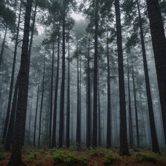 Fototapeta premium A foggy morning in a dense pine forest.