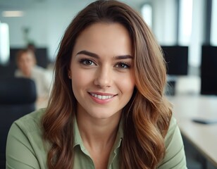 Obraz premium portrait of a smiling cute gorgeous glowing skin care professional businesswoman sitting in the office in cheerful mood woman day concept closeup shot