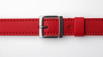 A vibrant red leather belt with a sleek silver buckle, featuring detailed stitching and a simple design.