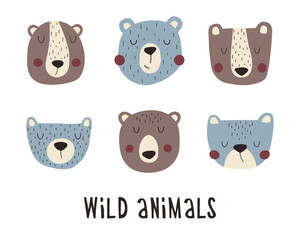 Wild forest bears set. Funny faces of bears. Perfect for cute t-shirts, cards and posters.