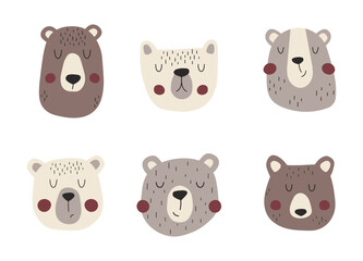 Hand drawn cute bears set. Funny bear faces. Perfect for cute t-shirts, cards and posters.