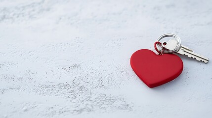 A red heart-shaped keychain with a silver key rests on a textured gray surface, symbolizing love and connection.