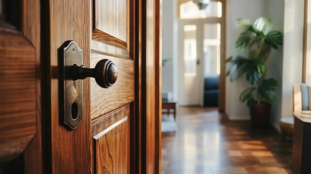 Slightly open wooden door revealing a blurred, modern style apartment interior, focusing on the metal handle