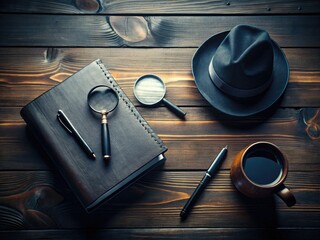 Mysterious silhouette spy, desk flat lay. Black wood backdrop, detective's table. Secret agent mystery.