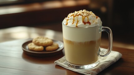 Caramel latte in a clear mug with whipped cream and cookies.