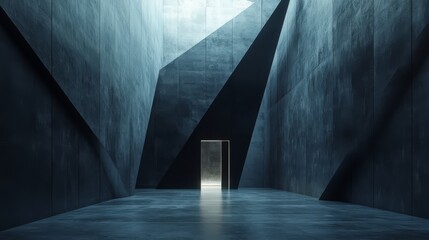 A moody, industrial setting with a solitary door framed by sharp, angular concrete walls. 