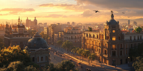 Obraz premium Historic cityscape of Barcelona at golden hour with ornate architecture