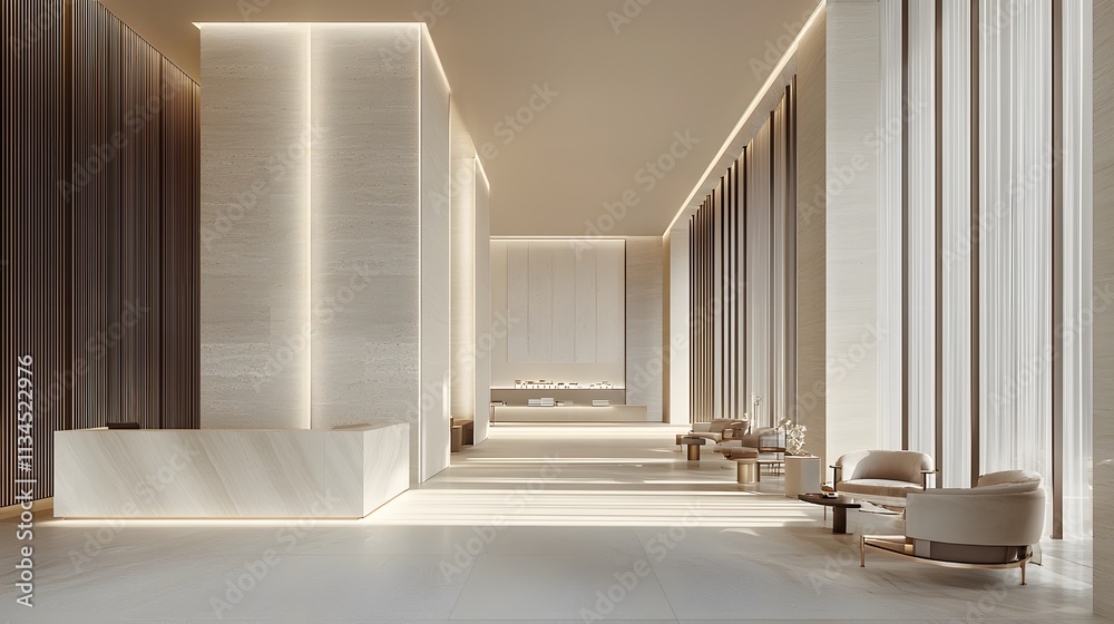 Poster a clean workspace from a corner perspective, showcasing the desk, lighting, and a calm neutral envir