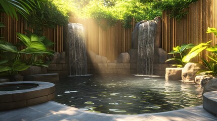 A serene indoor oasis with waterfalls and lush greenery, perfect for relaxation.