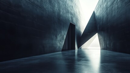 Abstract Concrete Maze: Dark, dramatic architectural rendering of a futuristic concrete maze with sharp angles, reflecting surfaces, and a ray of light cutting through the darkness.
