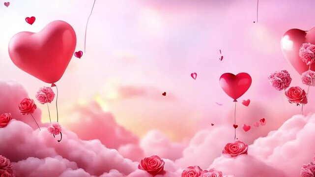 Happy valentines Day video. Realistic pink 3d hearts shape with pink fluffy cloud elements on pink background. Valentine romantic landscape hearts floating in the sky