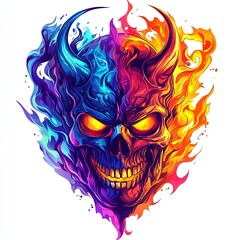 A vibrant skull illustration, half engulfed in blue flames and half in fiery orange, features glowing eyes and horns.