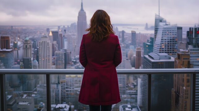Wide shot of a woman standing on the edge of a balcony, looking out over the city with a determined and ambitious mood