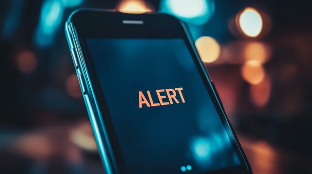 Urgent Mobile Alert: Smartphone displaying a critical alert message against a bokeh backdrop of city lights at night.  A sense of urgency and importance is conveyed.