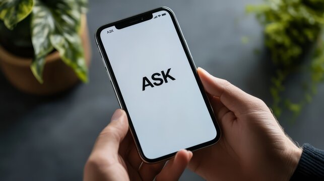 Ask App on Smartphone: A close-up shot of a hand holding a smartphone displaying the "Ask" app, symbolizing curiosity, knowledge, and the pursuit of answers.