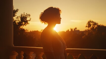 Wide shot of a woman on a balcony, silhouetted by a glowing sunset, with a romantic and dreamy tone