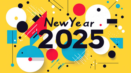 Modern New Year 2025 Framed by Bright Geometric Shapes on Yellow Background
