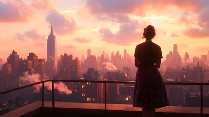 Fototapeta premium Wide shot of a woman standing on the edge of a balcony, with the city skyline behind her, evoking a sense of nostalgia and longing