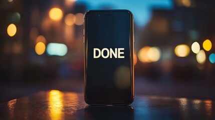 Night City Done Deal: Smartphone displaying "DONE" on its screen, standing on a reflective surface at night with blurred city lights in the background.