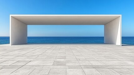 3D rendering of modern minimalist geometric building with blue sky, highlighting architecture, futuristic design, and urban planning concepts.