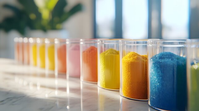 A closeup of a set of glass jars containing colorful spices, arranged in a precise row on a marble counter, evoking a sense of harmony and order