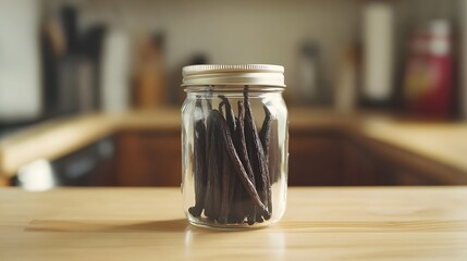 A closeup of a jar of vanilla pods placed on a light wooden countertop, symbolizing elegance and natural living