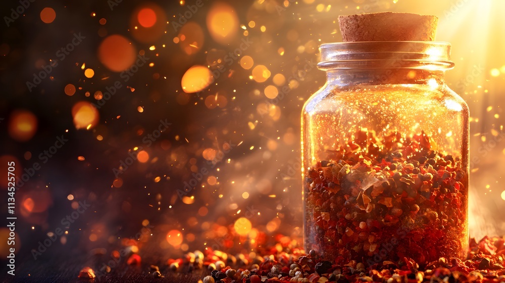 Poster a closeup of a glass jar of spices bathed in golden-hour sunlight, with soft beams of light highligh
