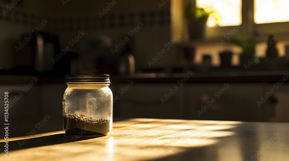 Aufkleber A closeup of a spice jar in a minimalist kitchen, illuminated by diffused light through frosted glass, creating a serene and modern look