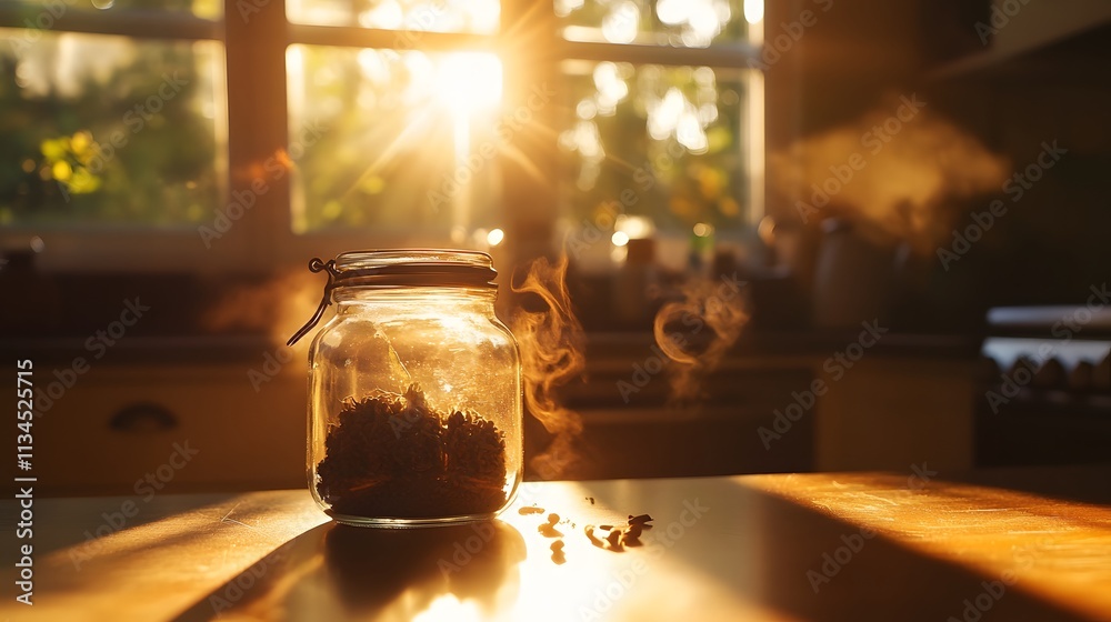 Poster a closeup of a glass jar of spices on a minimalist kitchen counter, illuminated by soft natural ligh