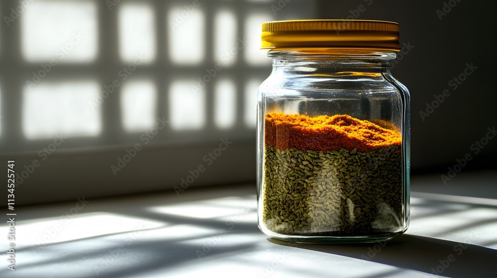 Poster a closeup of a spice jar in a minimalist kitchen, illuminated by diffused light through frosted glas