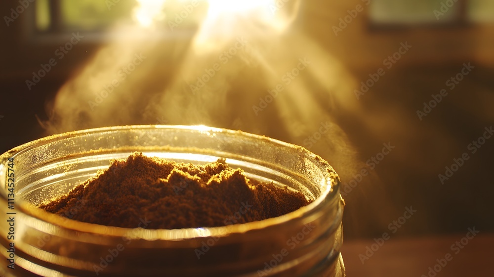 Poster A closeup of a glass jar of spices bathed in golden-hour sunlight, with soft beams of light highlighting the texture of the jar