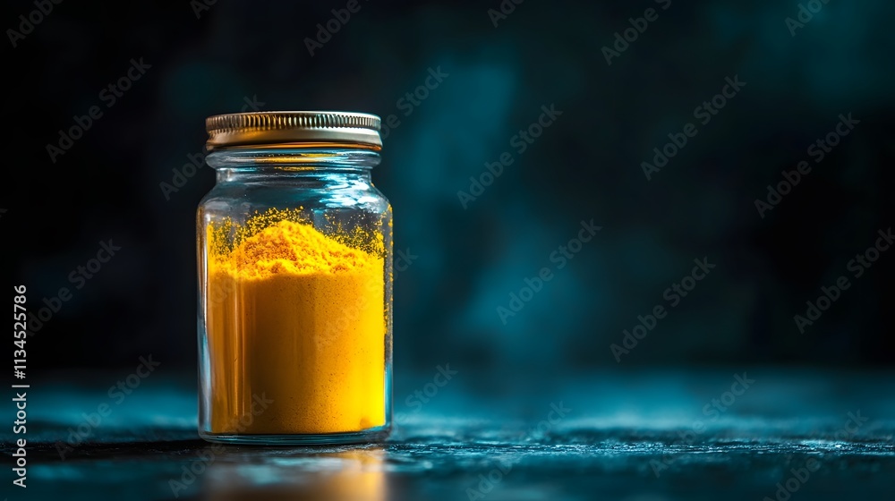 Poster a closeup of a glass jar of turmeric on a counter lit by dim ambient light, creating a moody and dra