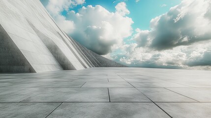 Fototapeta premium 3D rendering of modern minimalist geometric building with blue sky, highlighting architecture, futuristic design, and urban planning concepts.