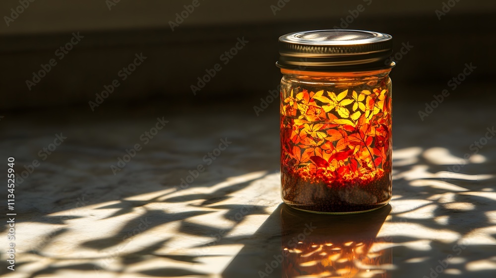 Poster A closeup of a spice jar illuminated by morning light, with shadows of nearby plants creating intricate patterns on the counter